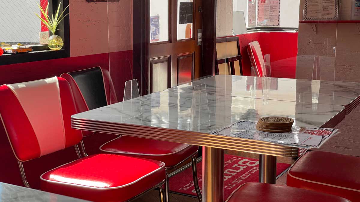 new design marble top style 1950s retro diner tables from Bruno’s Pizza diner in Nara Japan